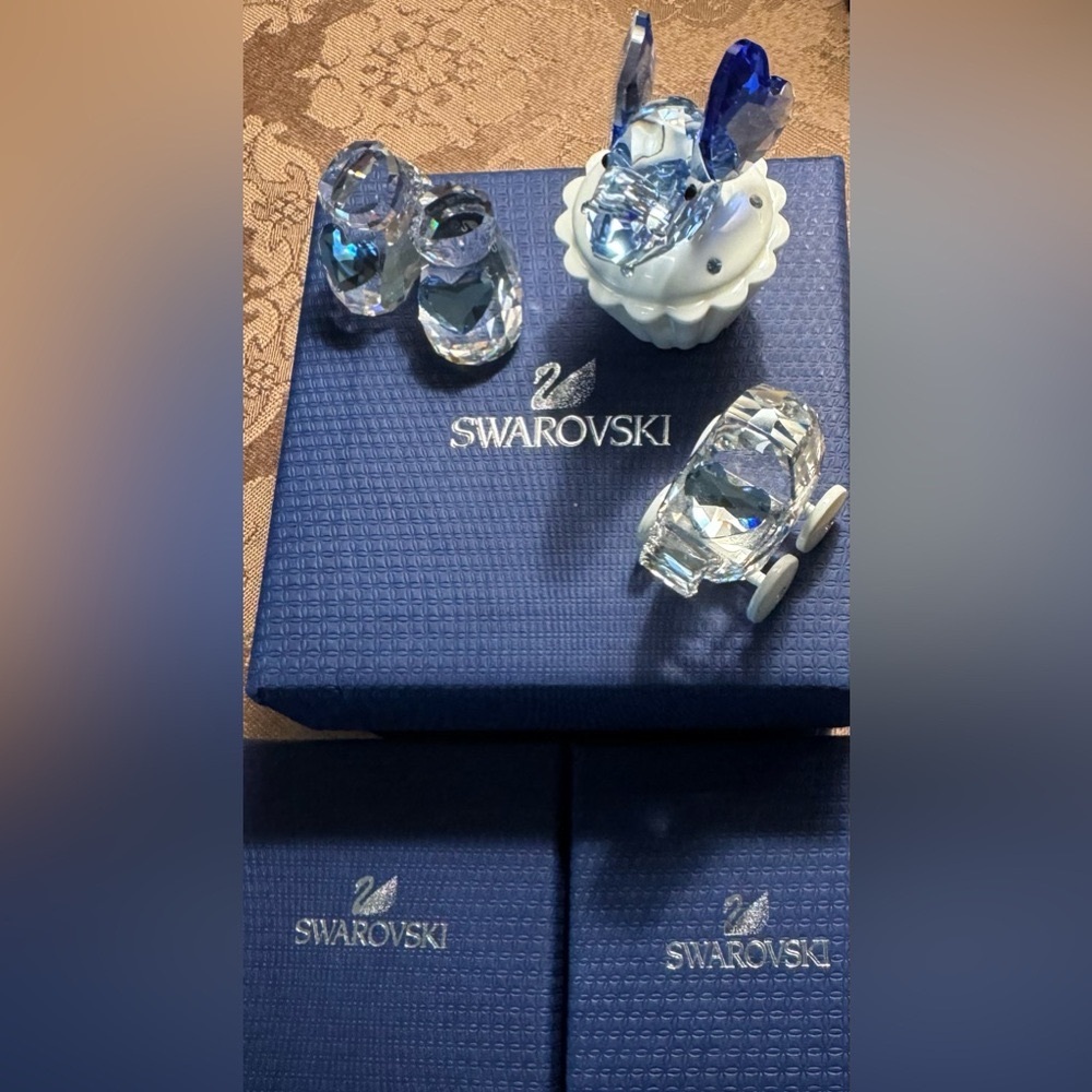 3 Swarovski items Blue Carriage, Blue Baby Shoes, & Blue Elephant Cupcake box